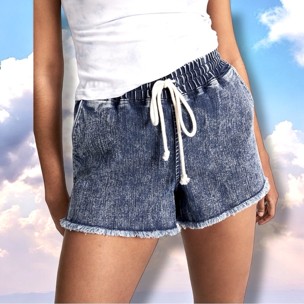 No Boundaries Y2K Shorts Drawstring Acid-Wash Denim Pull-On Raw Hem Cutoff M 7-9